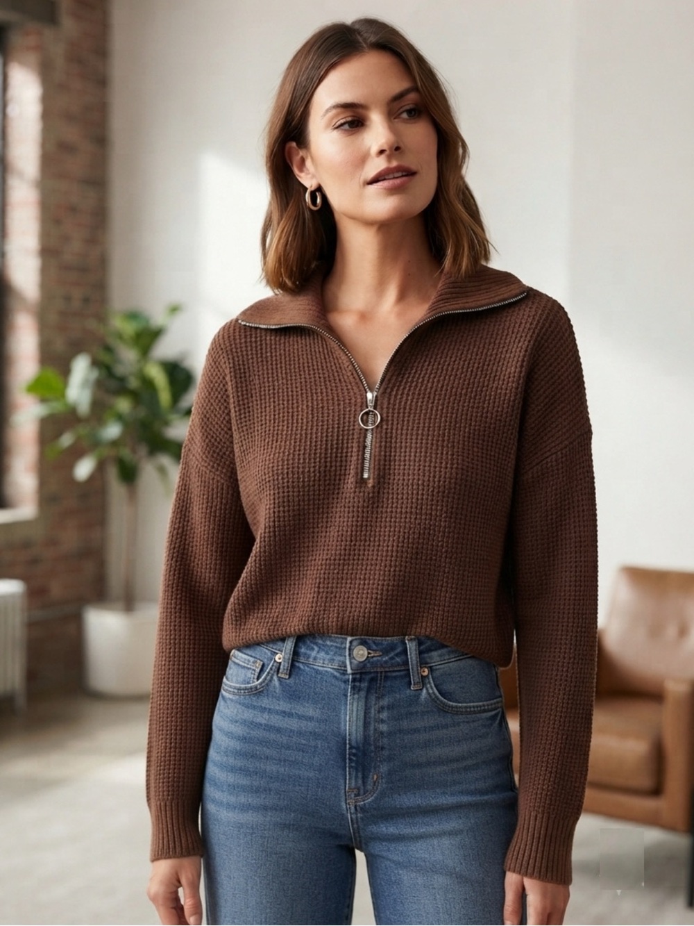 William Rast Brown Waffle-Knit Half-Zip Sweater